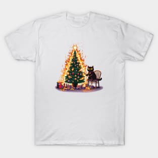 Black Cat Burning Christmas Tree T-Shirt